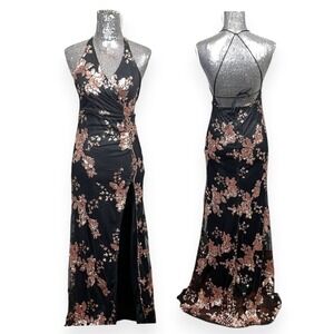 Formal Sequin Mesh Maxi Halter Slit Prom Homecoming Dress Small Glam Evening